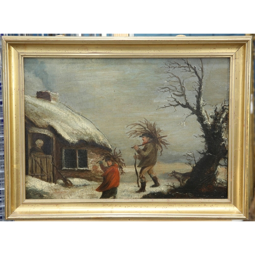 2040 - ENGLISH NAIVE SCHOOL FIGURES COLLECTING WOOD OUTSIDE A COTTAGE Oil on panel(35cm x 49cm)... 