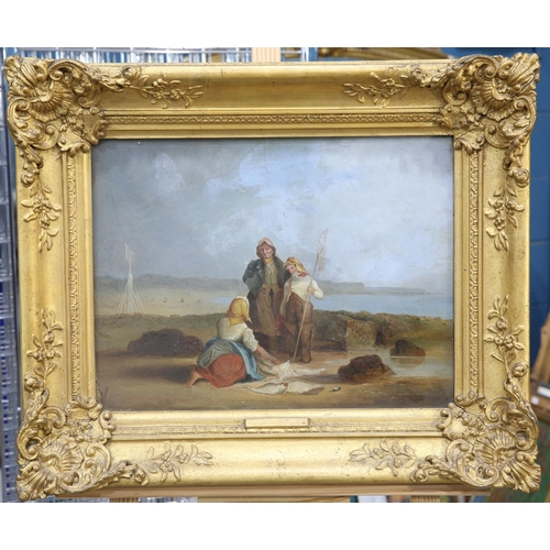 2043 - ENGLISH SCHOOL (19TH CENTURY) FISHERFOLK ON THE BEACH Oil on board
 (33cm x 44cm)... 