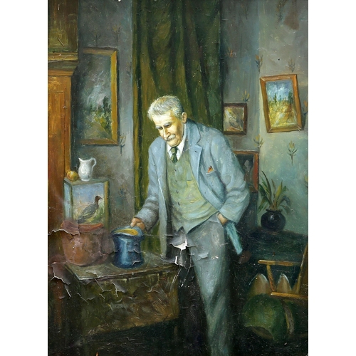 2045 - EARLY 20TH CENTURY BRITISH SCHOOL COTTAGE INTERIOR AND PORTRAIT OF A MAN Oil on panel
 (29cm x 40cm)... 