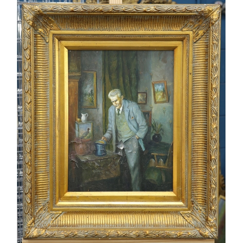 2045 - EARLY 20TH CENTURY BRITISH SCHOOL COTTAGE INTERIOR AND PORTRAIT OF A MAN Oil on panel
 (29cm x 40cm)... 