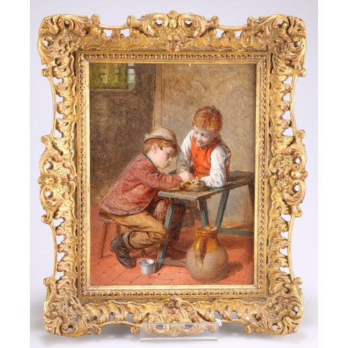 2046 - WILLIAM HEMSLEY RBA (1819-1906) FEEDING THE CHICKS Signed
Oil on panel
 
 (20cm x 15cm)With Burlingt... 