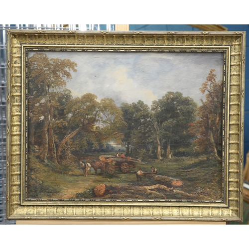 2073 - 19TH CENTURY ENGLISH SCHOOL WOODLAND LOGGING SCENE Oil on panel(37cm x 49cm)