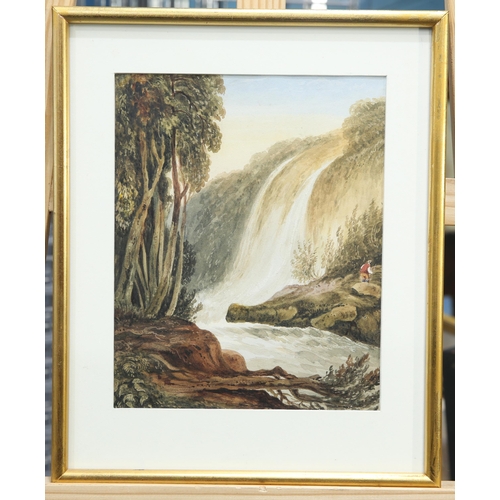 2078 - ENGLISH SCHOOL (19TH CENTURY) WATERFALL LANDSCAPE Watercolour(24cm x 19.5cm)