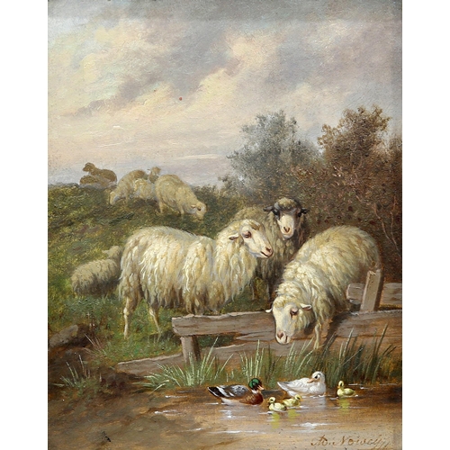 2109 - ADOLF D NOWEY (AUSTRIAN BORN 1835 - ) SHEEP AT A POND Signed, label verso
Oil on panel(25cm x 20cm)... 