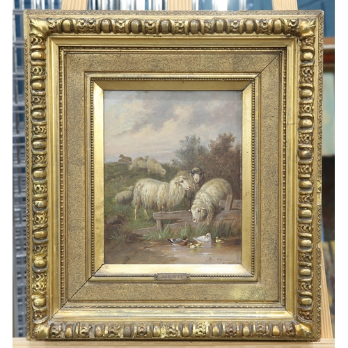 2109 - ADOLF D NOWEY (AUSTRIAN BORN 1835 - ) SHEEP AT A POND Signed, label verso
Oil on panel(25cm x 20cm)... 