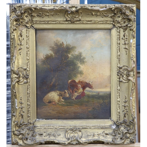 2112 - CIRCLE OF THOMAS SIDNEY COOPER (1803-1902) THE COWHERD AND THE MILK MAID Oil on canvas
 (30cm x 24.5... 