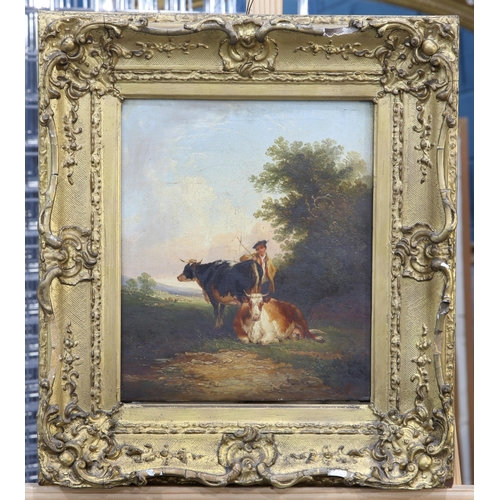 2112 - CIRCLE OF THOMAS SIDNEY COOPER (1803-1902) THE COWHERD AND THE MILK MAID Oil on canvas
 (30cm x 24.5... 