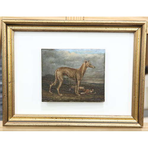 2137 - ENGLISH SCHOOL (19TH CENTURY) PORTRAIT OF A GREYHOUND Information on label to verso
Oil on panel
 (1... 