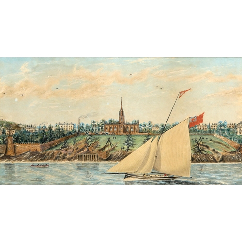 2172 - 19TH CENTURY ENGLISH SCHOOL SAILING YACHT OFF THE COAST, A CHURCH AND FORT IN BACKGROUND Watercolour... 