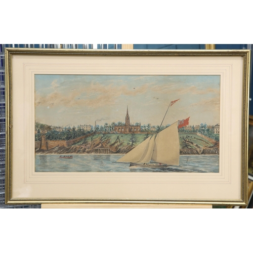 2172 - 19TH CENTURY ENGLISH SCHOOL SAILING YACHT OFF THE COAST, A CHURCH AND FORT IN BACKGROUND Watercolour... 