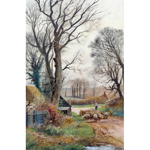 2181 - HENRY CHARLES FOX (1860-1923) SHEPHERD MOVING HIS FLOCK ON A COUNTRY PATH Signed and dated 1919
wate... 