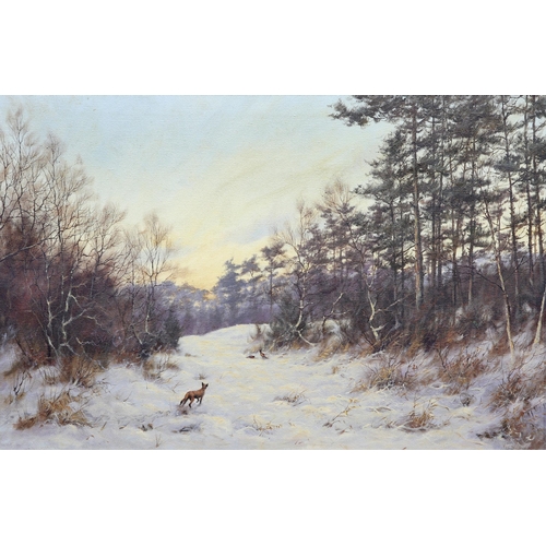 2193 - ‡ JAMES WRIGHT (BRITISH BORN 1935) WINTER, FOX STALKING PHEASANTS Signed
Oil on canvas(49.5cm x 75cm... 