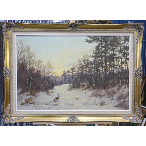 2193 - ‡ JAMES WRIGHT (BRITISH BORN 1935) WINTER, FOX STALKING PHEASANTS Signed
Oil on canvas(49.5cm x 75cm... 