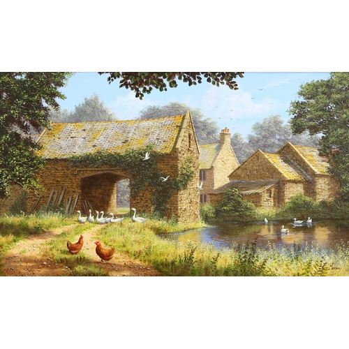 2199 - ‡ EDWARD HERSEY (BORN 1948) COTTAGES BY A POND Signed
Oil on canvas(30cm x 50cm)... 