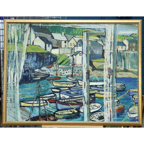 2206 - FOLLOWER OF JOHN BRATBY (1928-1992) CORNISH HARBOUR VIEW Oil on canvas(85cm x 113cm)... 