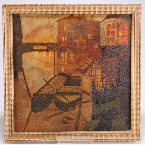 2207 - MODERN BRITISH SCHOOL BARGES ON A CANAL Oil on board
 (23cm x 23cm)