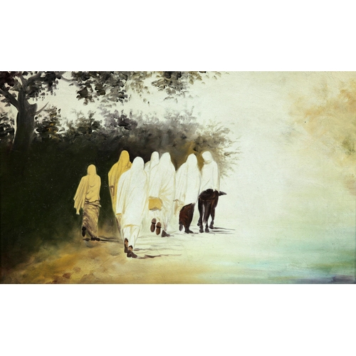 2210 - PAKISTANI SCHOOL (?) (20TH CENTURY) FIGURES WALKING Oil on canvas-board
Gallery label verso
 (38cm x... 