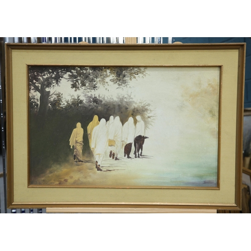 2210 - PAKISTANI SCHOOL (?) (20TH CENTURY) FIGURES WALKING Oil on canvas-board
Gallery label verso
 (38cm x... 