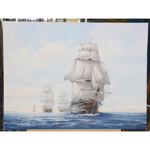 2214 - ‡ NEIL FOGGO (CONTEMPORARY) NELSON DEPARTING THE SOLENT TO THE BATTLE OF TRAFALGAR Signed
Oil on can... 