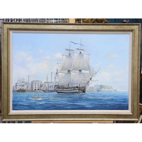 2215 - ‡ NEIL FOGGO (CONTEMPORARY) EAST INDIA FRIGATE LEAVING PLYMOUTH Signed
Oil on canvas(50cm x 75cm)... 