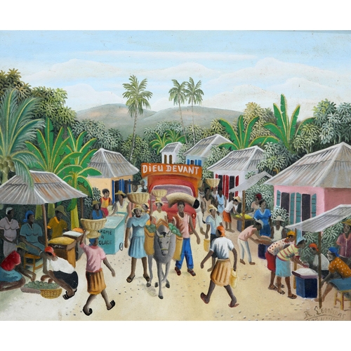 2223 - RONY LEONIDAS (HAITIAN 1946-2012) A STREET MARKET IN HAITI Signed
Oil on canvas
 (50cm x 60cm)... 