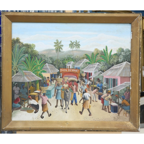 2223 - RONY LEONIDAS (HAITIAN 1946-2012) A STREET MARKET IN HAITI Signed
Oil on canvas
 (50cm x 60cm)... 