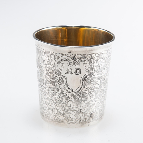 1066 - A 19TH CENTURY FRENCH SILVER BEAKER by Pierre Hippolyte Fournerot, engraved with scrolling foliage a... 