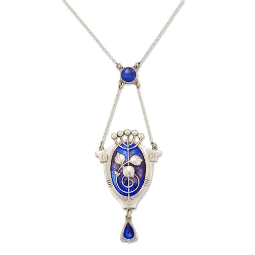 1688 - CHARLES HORNER - A SILVER AND ENAMEL PENDANT NECKLACE the shield-shaped pendant filled with blue-pur... 