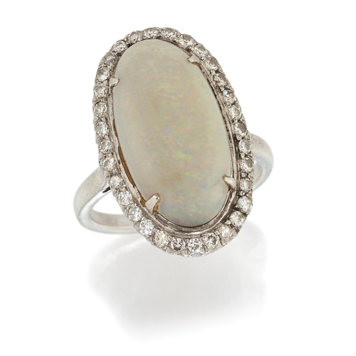 1693 - AN OPAL AND DIAMOND CLUSTER RING an oval opal within a border of round brilliant-cut diamonds, above... 