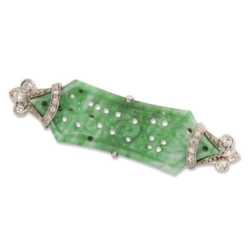 1695 - AN ART DECO JADE AND DIAMOND BROOCH a lozenge-shaped plaque carved and pierced with prunus, set with... 