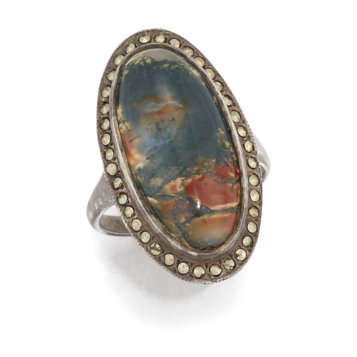 1696 - A MOSS AGATE AND MARCASITE CLUSTER RING ring size N1/2The bezel measures 2.8cm by 1.5cm... 