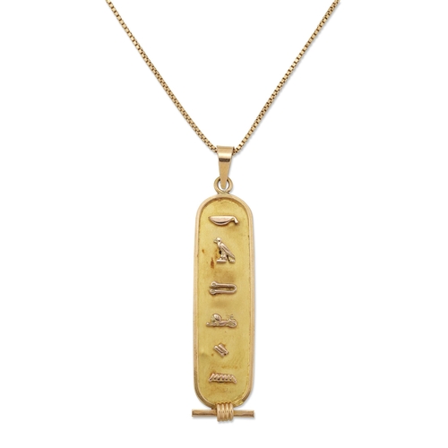 2000 - AN EGYPTIAN PENDANT ON CHAIN the cartouche pendant with hieroglyphics to spell 'Katherine', to a fin... 