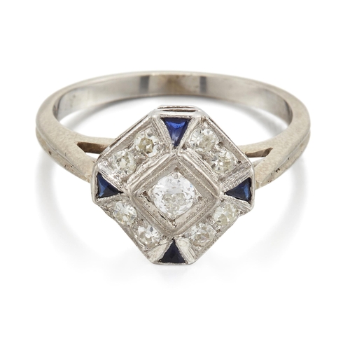 2034 - AN ART DECO DIAMOND AND SAPPHIRE RING the octagonal head milgrain-set with round-cut diamonds and ca... 