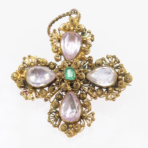 2038 - A MID-19TH CENTURY PINK TOPAZ AND EMERALD CROSS PENDANT oval-cut pink topaz and an octagonal-cut eme... 