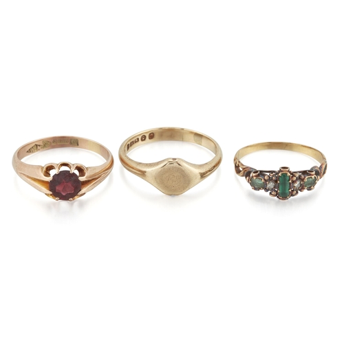 2121 - THREE RINGS comprising AN EARLY VICTORIAN EMERALD AND DIAMOND RING, thee octagonal-cut emeralds spac... 