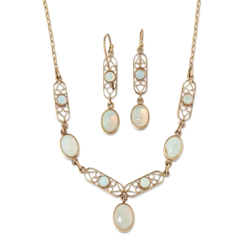 2123 - A 9 CARAT GOLD OPAL NECKLACE AND EARRING SET opal-set pierced oblong links alternating with oval opa... 