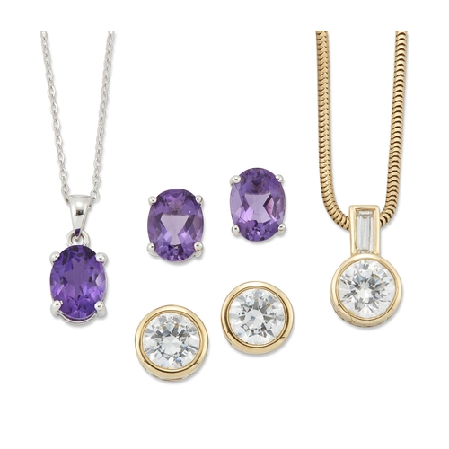 2125 - TWO GEM SET NECKLACE AND EARRING SETS comprising AN AMETHYST PENDANT ON CHAIN WITH A PAIR OF MATCHIN... 