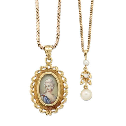 2476 - TWO PENDANTS ON CHAINS comprising AN 18 CARAT GOLD CULTURED PEARL AND DIAMOND PENDANT, on a 9 carat ... 