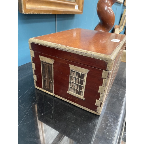 880 - A PAINTED MAHOGANY COTTAGE BOX painted to the front and sides with the facade of a house. 29.5cm wid... 