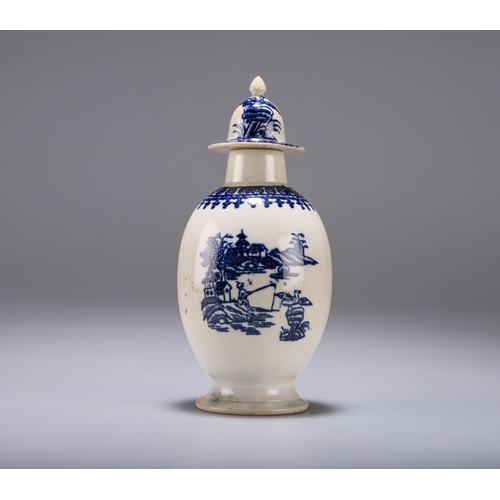 91 - A SETH PENNINGTON (LIVERPOOL) TEA CANISTER blue and white 'Fisherman and the Cormorant' pattern, cir... 