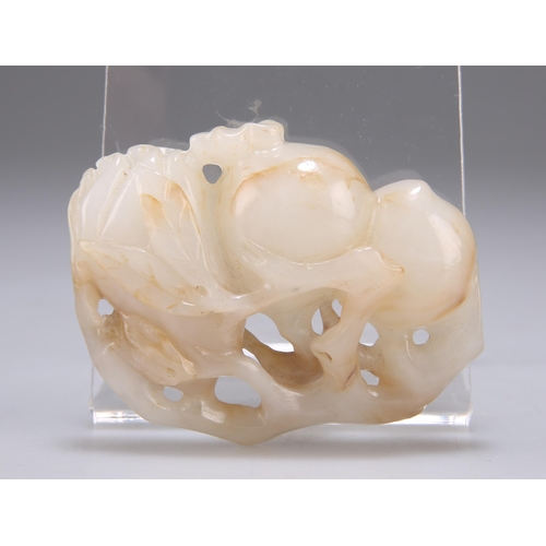 137 - A CHINESE JADE CARVING in open work to depict peaches and leaves on a branch. 6.5cm wide