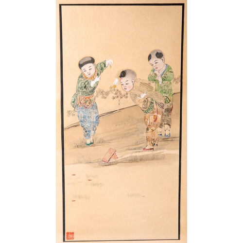 140 - WANG JING, CHILDREN PLAYING a pair of collage, ink and watercolour drawings, signed with red seals, ... 