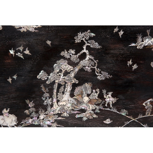 143 - A 19TH CENTURY CHINESE MOTHER-OF-PEARL INLAID PANEL rectangular, depicting figures, trees and buffal... 