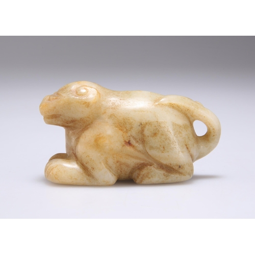 156 - A CHINESE JADE CARVING depicting a recumbant lion dog. 7.8cm long, 4.4cm high