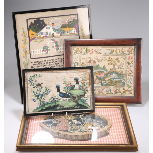 16 - THREE TEXTILE PICTURES AND A CHINESE RICE PAPER PAINTING including a crewelwork picture in a Victori... 