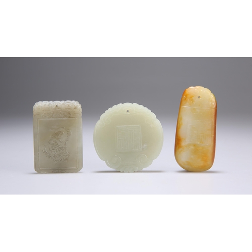 163 - THREE CHINESE CARVED JADE PENDANTS comprising a rectangular pendant carved with a girl and toad; a c... 