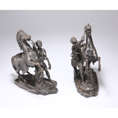 166 - AFTER COUSTOU, A PAIR OF 19TH CENTURY BRONZE MODELS OF THE MARLY HORSES signed in the cast. (2) 24cm... 