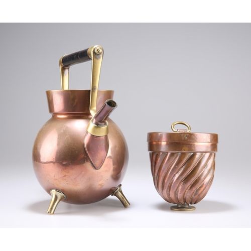 172 - CHRISTOPHER DRESSER FOR BENHAM & FROUD, A COPPER AND BRASS TEA KETTLE the spherical copper body, col... 