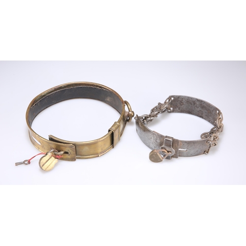 181 - TWO GEORGIAN DOG COLLARS the first steel, with ring links and inscribed applied brass plaque; the se... 