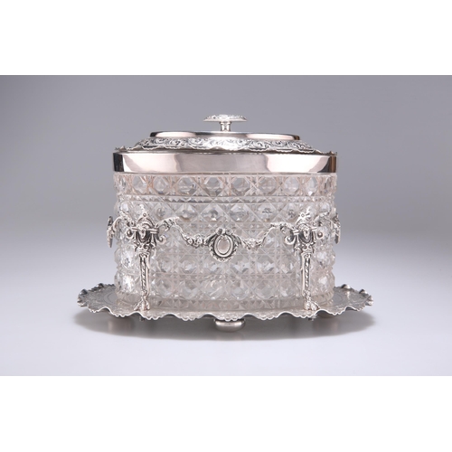 189 - A VICTORIAN SILVER-PLATED AND CUT-GLASS BISCUIT BOX oval, the glass body cut with a hob-nail pattern... 